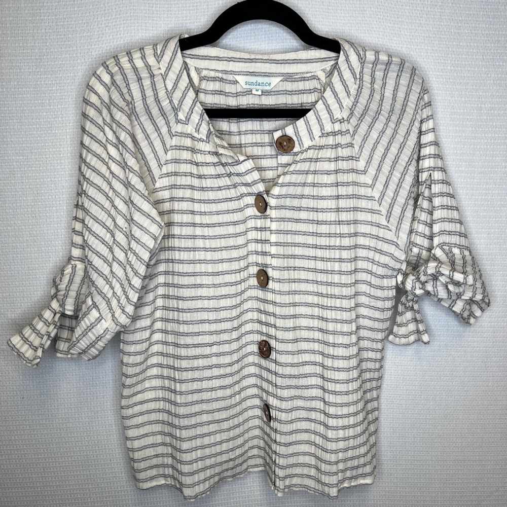 Sundance Women M Blue White Striped Crinkle Cotton Gauze Tie Sleeve Button Top